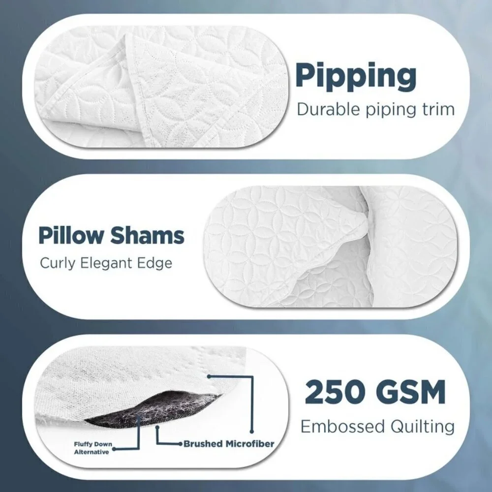 Elegant White Quilted Lightweight Bedspread 3pc Set Queen